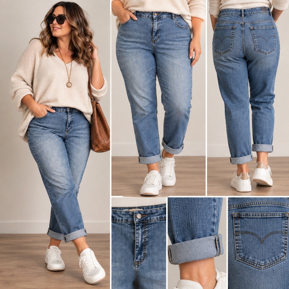 JMS 20W Stretch Straight Leg Jeans Medium Wash Cuffed Boyfriend Casual Y2K Denim